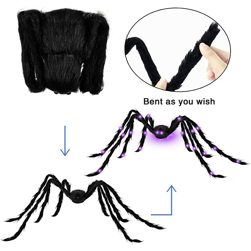 Araignée Géante Halloween 125 cm avec LED Violettes – Peluche Poils Hérissés 26 LED, Déco Intérieur & Extérieur
