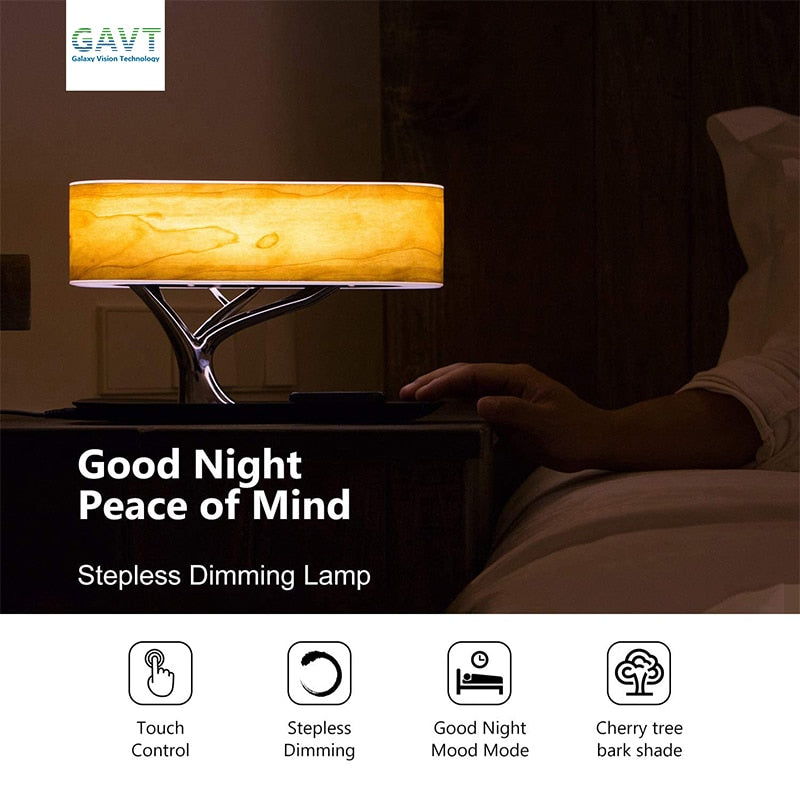 Lampe de Bureau LED Design Dimmable – Enceinte Bluetooth 4.0 + Chargeur Sans Fil Intégré, Aluminium & Bois, Chambre Bureau, Prise EU/US/UK