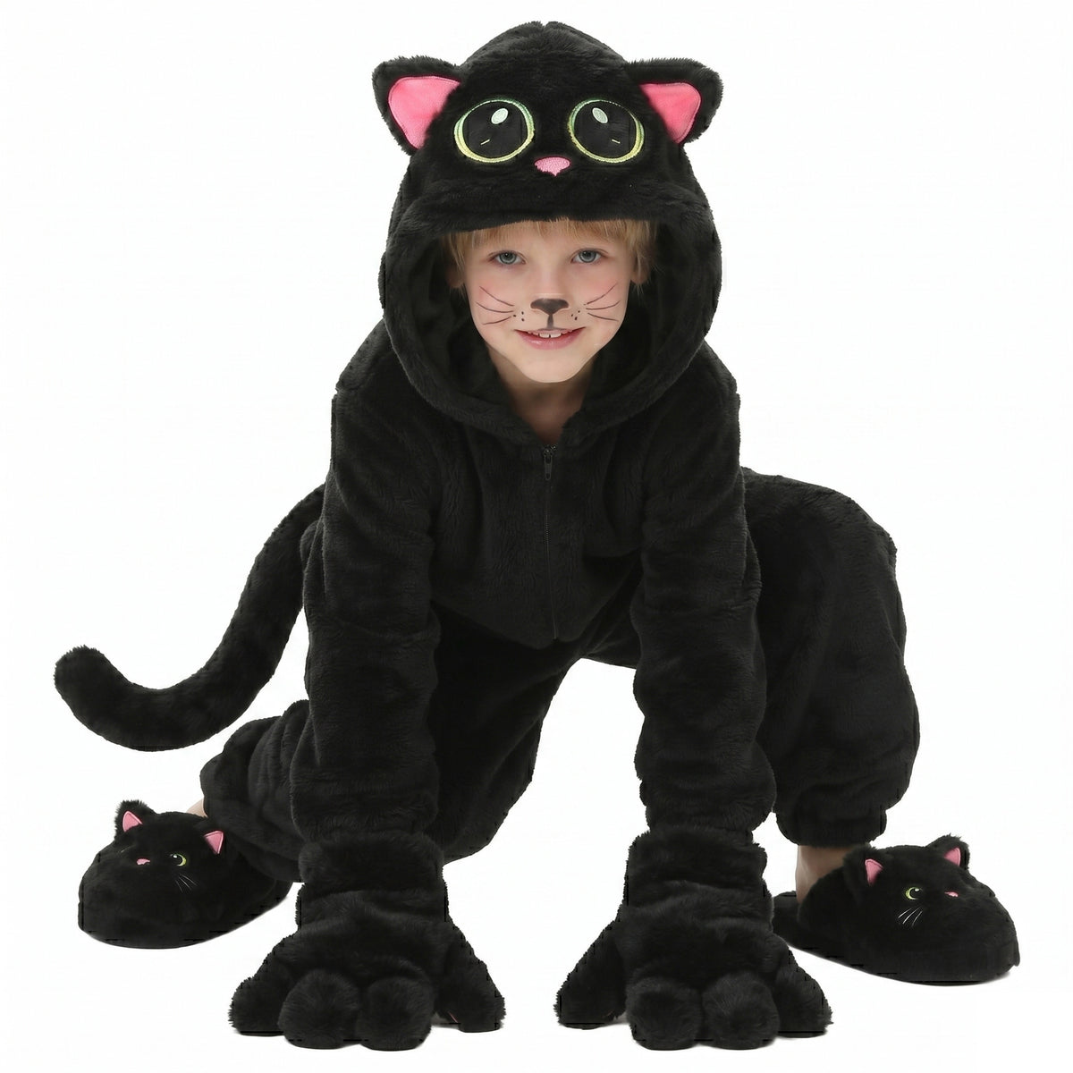 Costume Chat Noir Enfant – Déguisement Cosplay Halloween & Scène, Imprimé Grands Yeux, Tailles S à XL