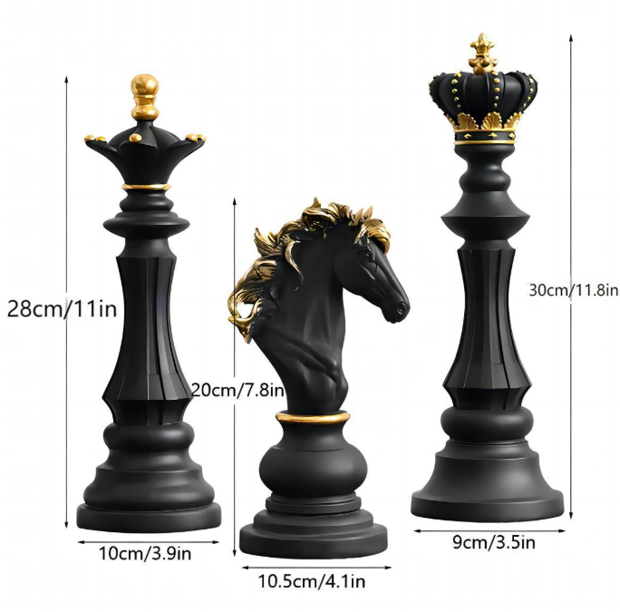 Set 3 Pièces d’Échecs Décoratives en Résine – Roi Reine Cheval, Style Européen, Déco Salon Bureau Cave à Vin, Cadeau