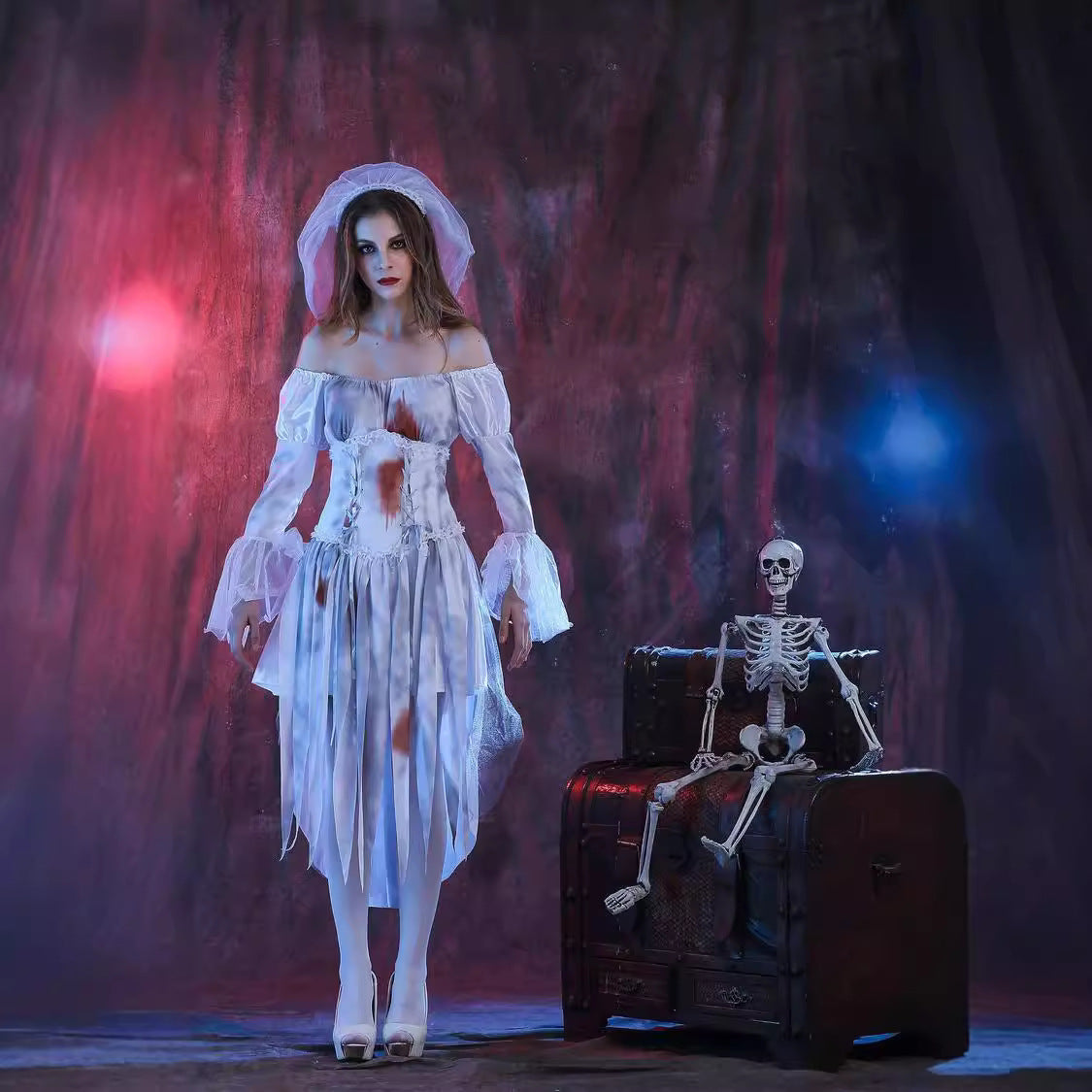 Costume Mariée Fantôme Ensanglantée Halloween – Robe, Voile & Ceinture, Tailles MàXL