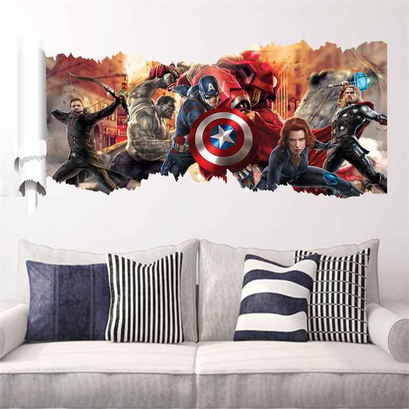 Sticker Mural 3D Trompe-l’Œil Avengers – Décoration Murale PVC Salon & Chambre, Effet Trou