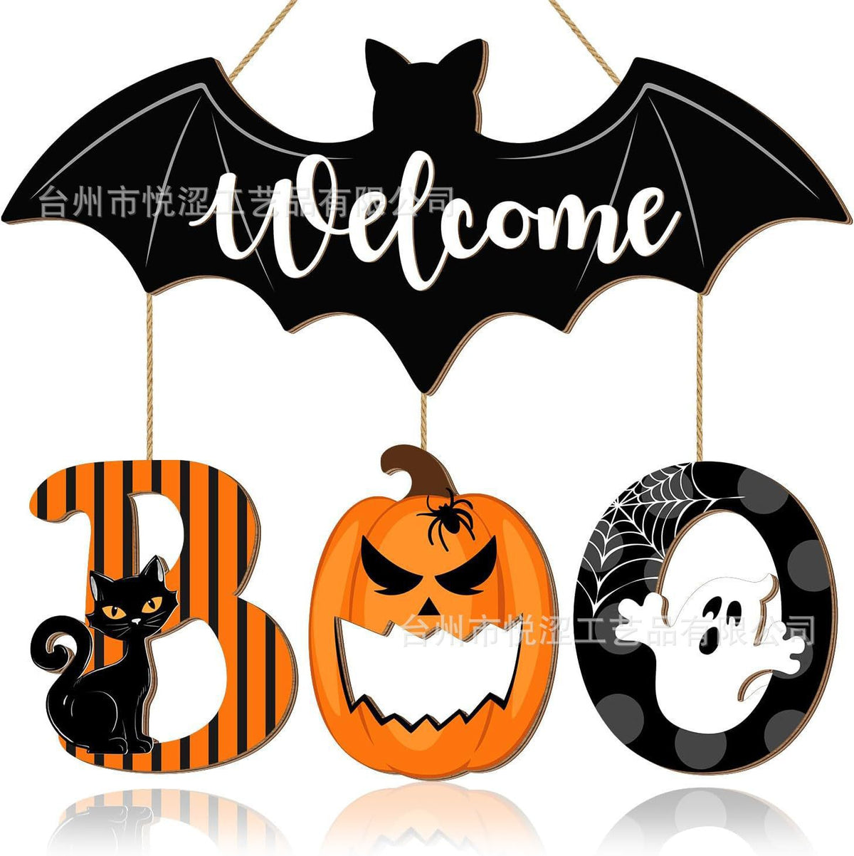 Panneau Porte Bois Halloween « BOO » – Plaque Décorative Fantômes & Chauves-Souris à Suspendre, Noir, Déco Entrée Maison