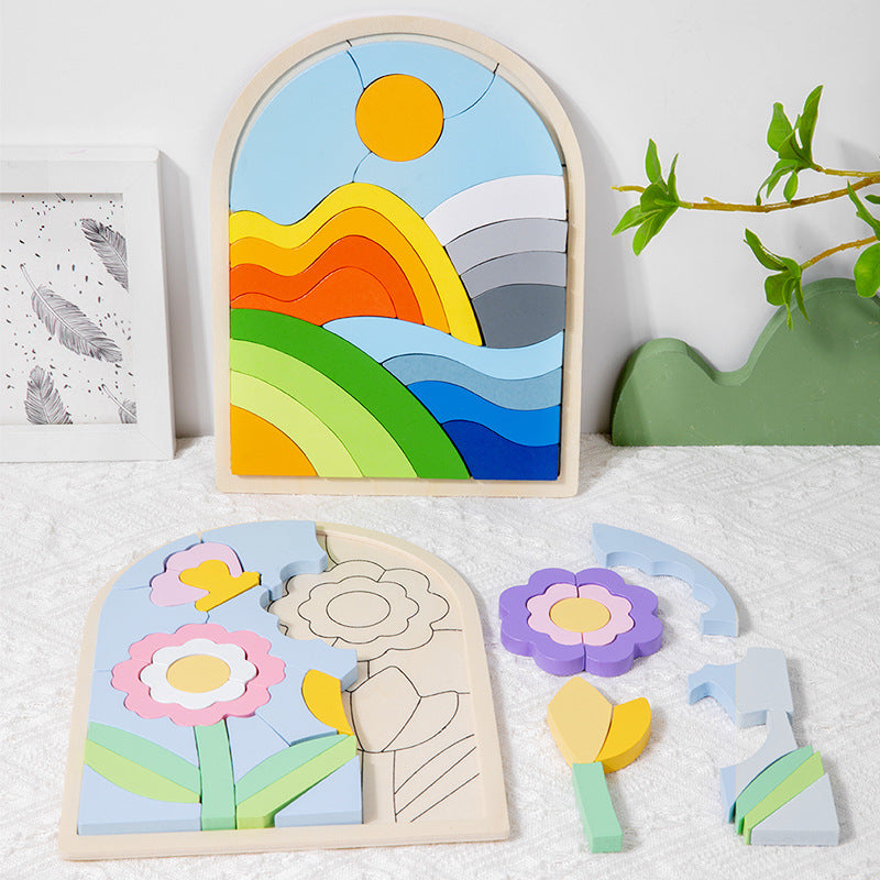 Puzzle 3D en Bois Enfant – Motif Arc-en-ciel Soleil ou Fleurs, Association Animaux, Éveil & Concentration, Cadeau Dès 3 Ans