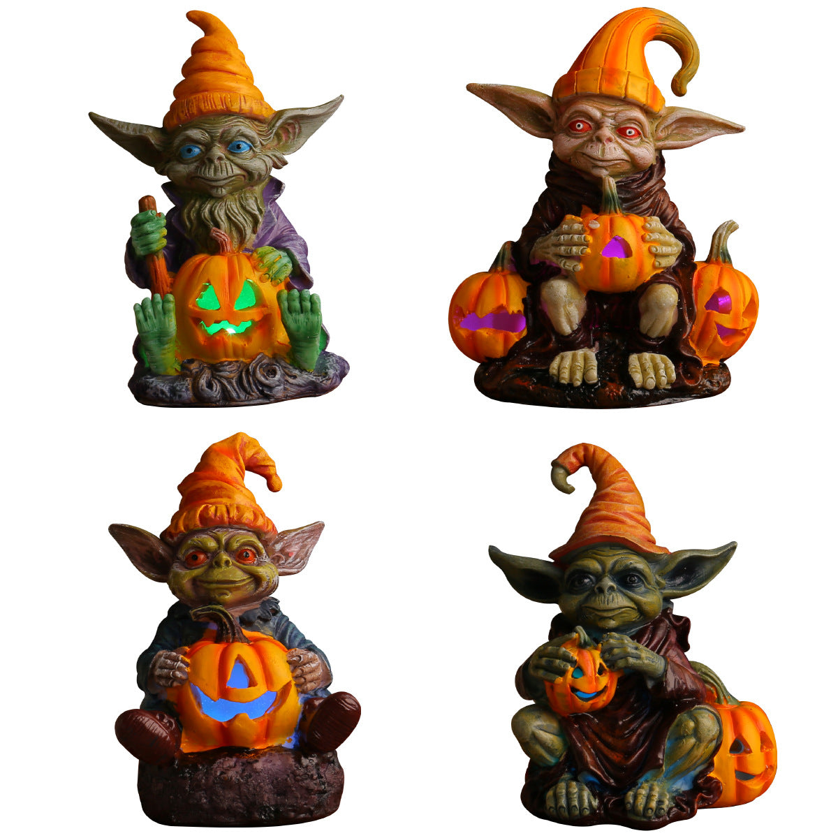 Figurine Lutin Citrouille Halloween en Résine – Gnome Lumineux Décoratif, 3 Styles, Déco Bureau Étagère Maison