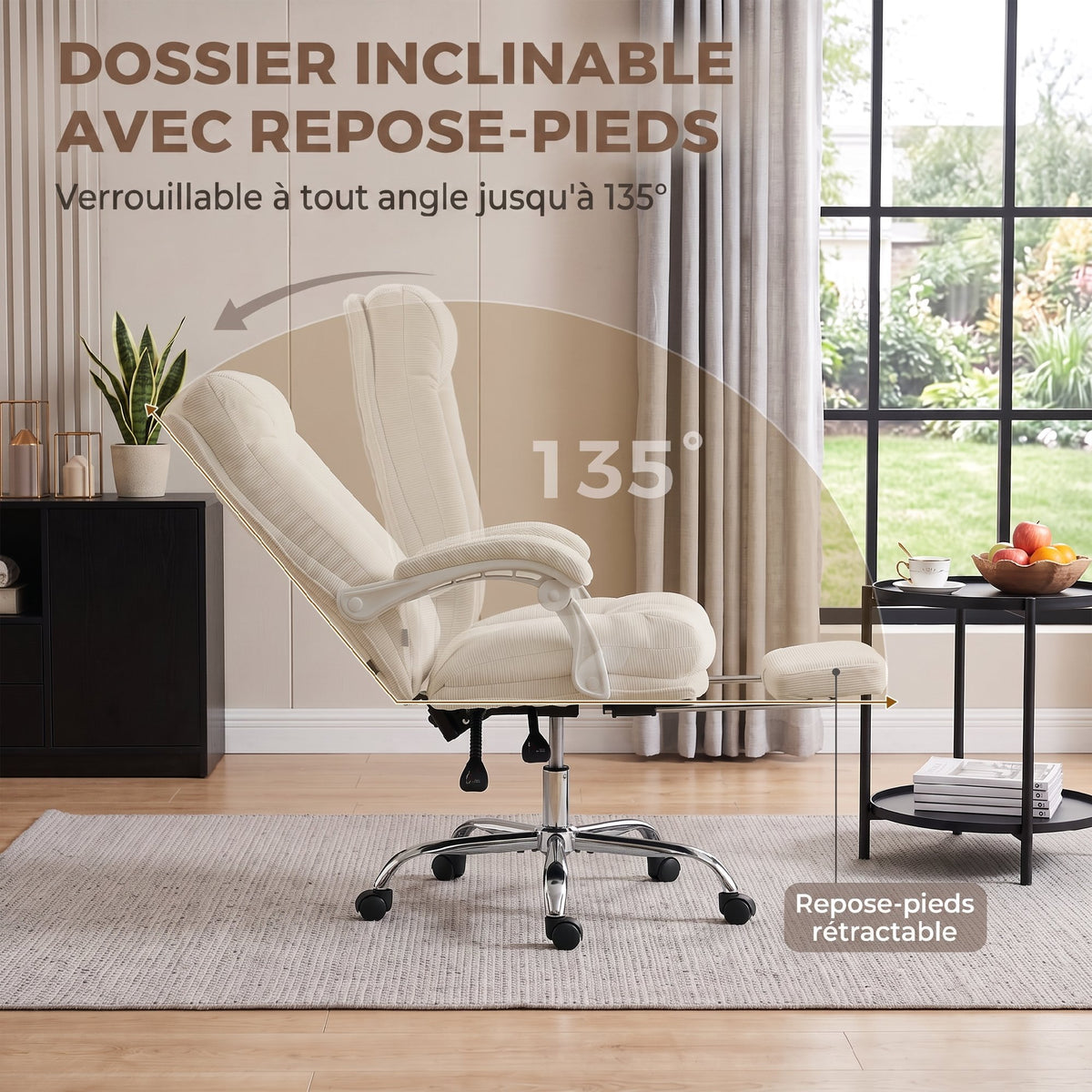 Fauteuil de Bureau Ergonomique Crème – Tissu Chenille Doux, Coussin 15cm, Repose-Pieds, Inclinaison 135°, Accoudoirs Réglables, 120kg