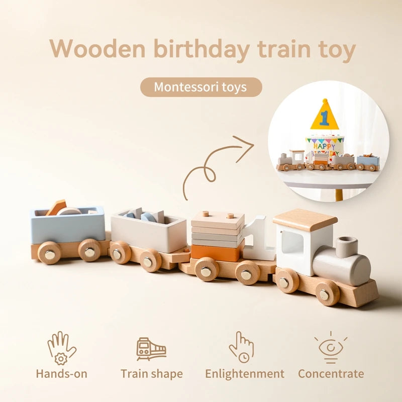 Train en Bois Montessori – Chariot À Pousser Bebe, Chiffres en Bois, Éveil & Apprentissage, Cadeau Naissance Anniversaire