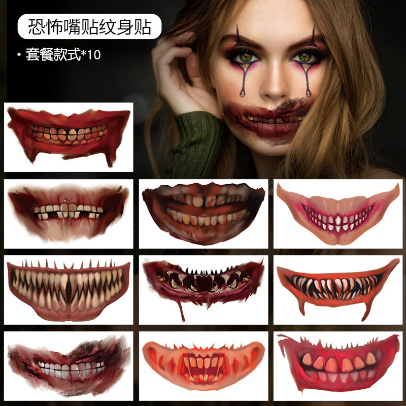 Stickers Tatouage Bouche Halloween – Maquillage Lèvres Horreur DIY, 10 Modèles, Coloris ou Noir & Blanc, Soirée Déguisée