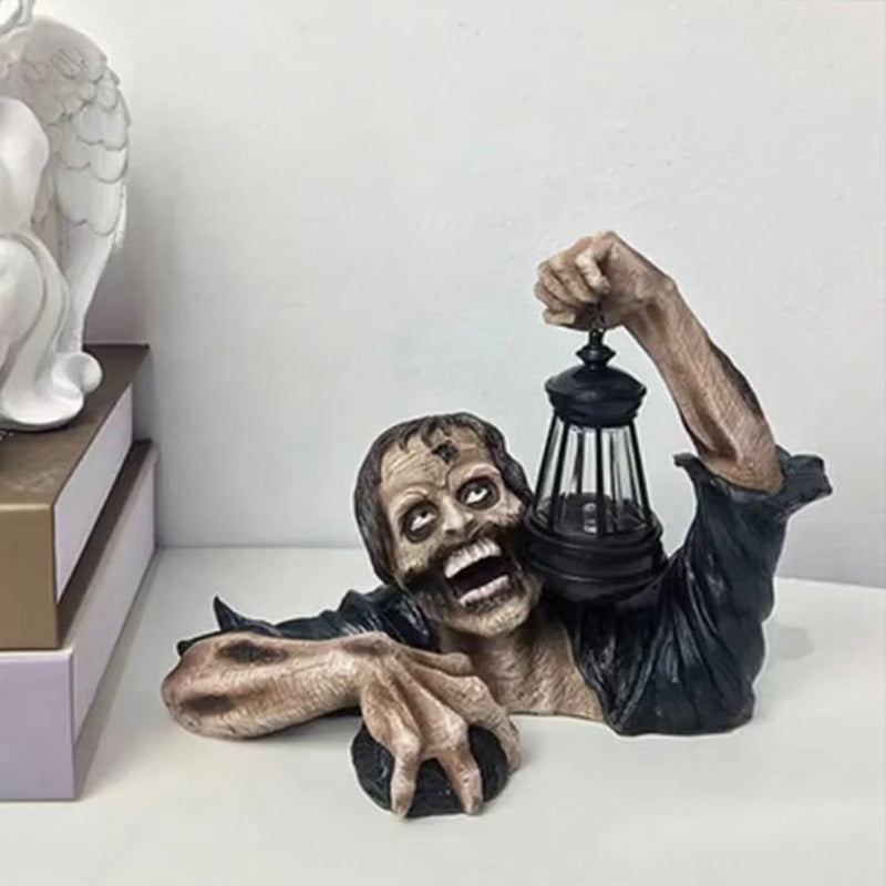 Lanterne Zombie Rampant Halloween LED – Statue Résine 14,5x10x19 cm, Éclairage À Piles ou Solaire, Déco Extérieur