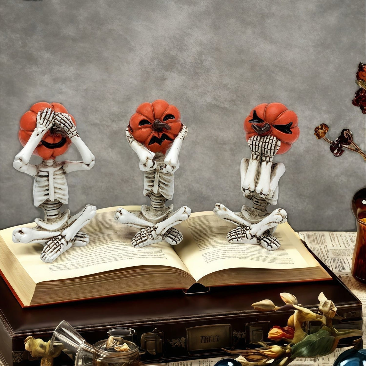 Figurine Crâne Citrouille Yoga Halloween – Les 3 Singes de la Sagesse Version Horreur, Résine, Déco Prop Macabre