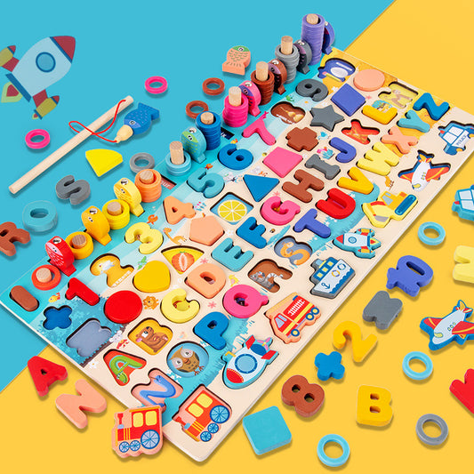 Plateau Éducatif 7-en-1 en Bois – Chiffres, Lettres, Formes, Couleurs, Animaux, Véhicules & Jeu de Pêche, Dès 3 Ans, Cadeau Enfant