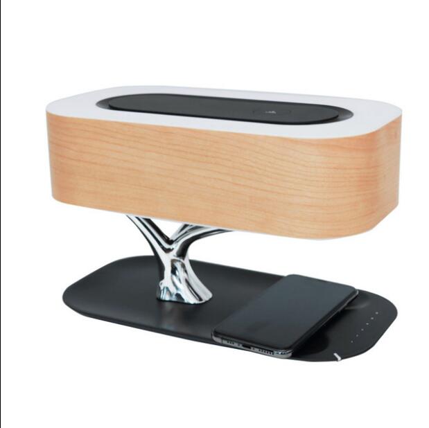 Lampe de Bureau LED Design Dimmable – Enceinte Bluetooth 4.0 + Chargeur Sans Fil Intégré, Aluminium & Bois, Chambre Bureau, Prise EU/US/UK