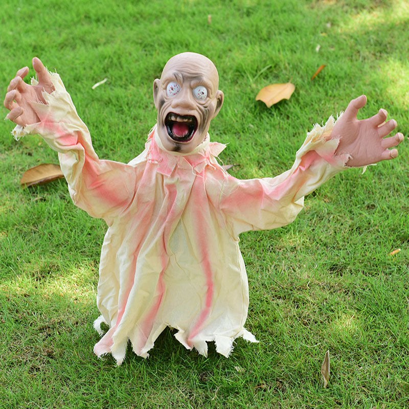 Grand Fantôme Oscillant Halloween sur Piquet – Détection Sonore, Prop Déco Jardin Extérieur Terrasse, Blanc Marron ou Vert