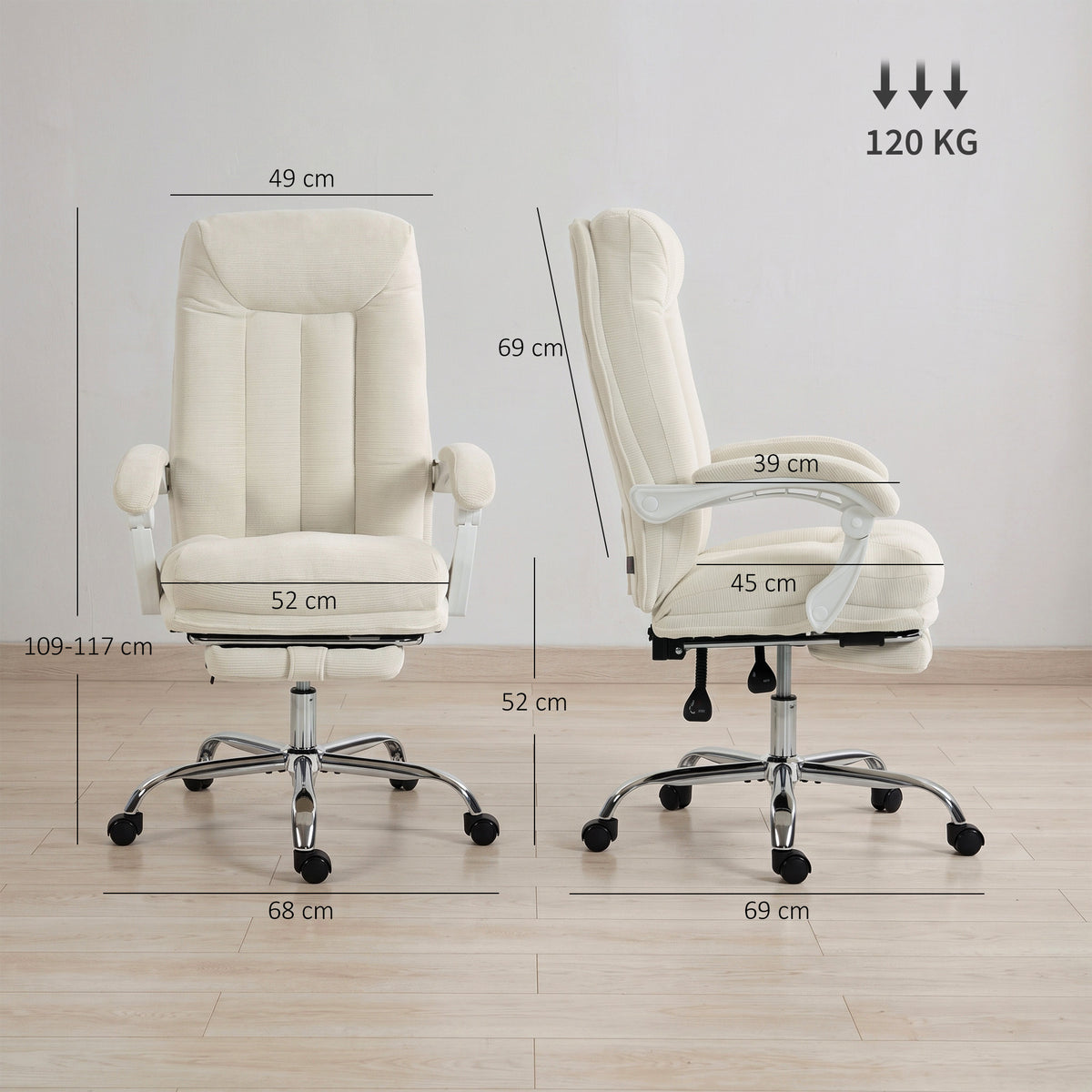 Fauteuil de Bureau Ergonomique Crème – Tissu Chenille Doux, Coussin 15cm, Repose-Pieds, Inclinaison 135°, Accoudoirs Réglables, 120kg
