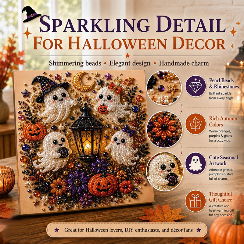 Kit Peinture Diamant Halloween – Tableau DIY 20x20cm, 5 Motifs (Citrouille, Crâne, Sorcière…), Décoration Murale