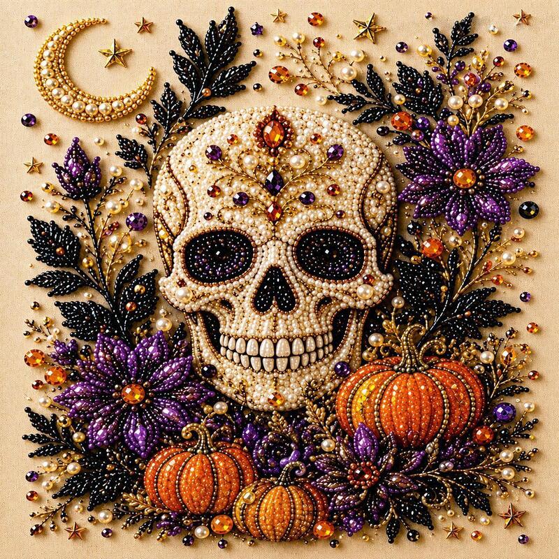 Kit Peinture Diamant Halloween – Tableau DIY 20x20cm, 5 Motifs (Citrouille, Crâne, Sorcière…), Décoration Murale