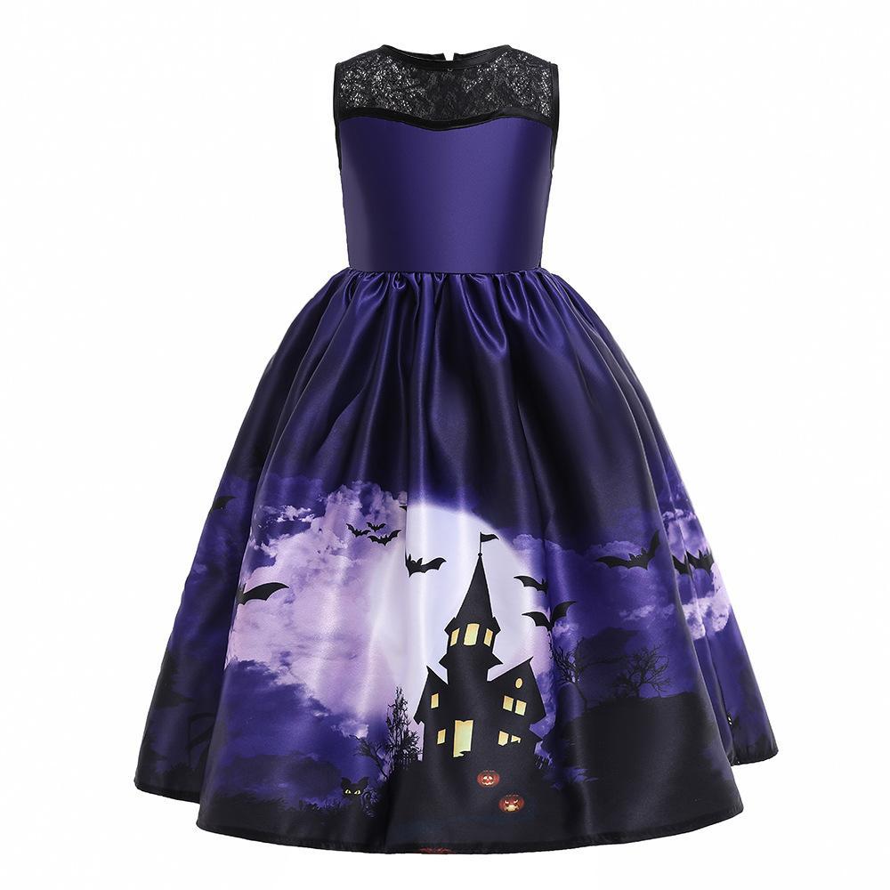 Robe Déguisement Halloween Fille – Style Princesse avec Dentelle, 3 Coloris Noir Violet Bleu Nuit, Tailles 120–140cm, Fête Carnaval