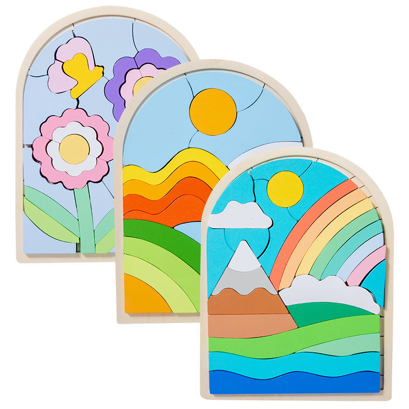 Puzzle 3D en Bois Enfant – Motif Arc-en-ciel Soleil ou Fleurs, Association Animaux, Éveil & Concentration, Cadeau Dès 3 Ans