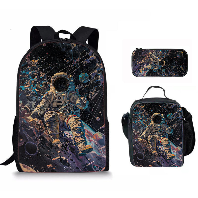 Set 3 Pièces Sac à Dos Scolaire Style Astronaute & Espace – Sac À Dos + Sac Repas + Trousse, Tissu Oxford, 6 Coloris, Enfant Ado Unisexe