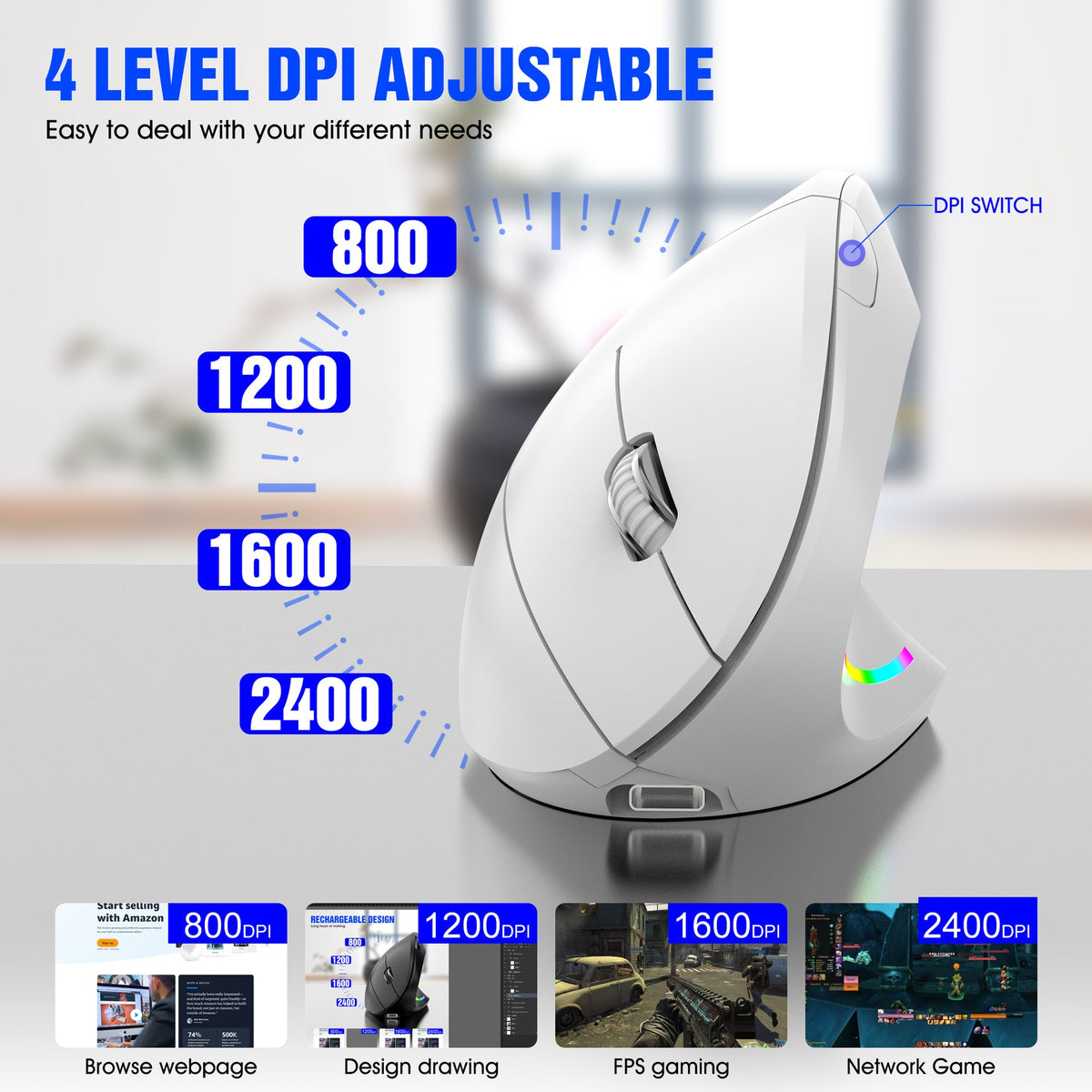 Souris Verticale Sans Fil Ergonomique 2,4 GHz – Récepteur USB, Prévention TMS, 3 Coloris Blanc Rose Noir, PC & Mac
