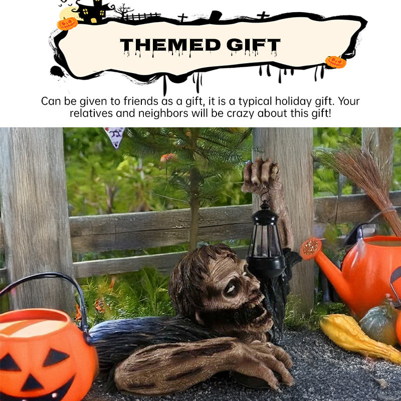 Lanterne Zombie Rampant Halloween LED – Statue Résine 14,5x10x19 cm, Éclairage À Piles ou Solaire, Déco Extérieur