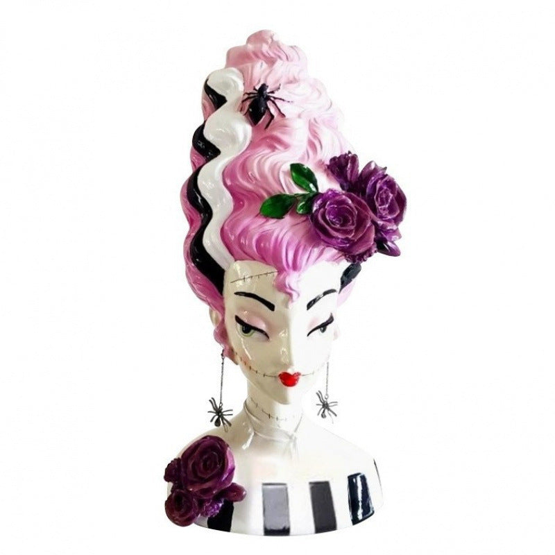 Statue Buste Demi-Corps Mariée de Frankenstein Rose – Sculpture Résine Déco Maison Halloween Style Moderne, Multicolore
