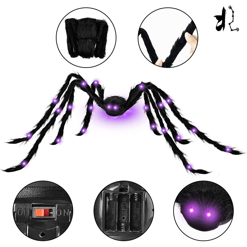 Araignée Géante Halloween 125 cm avec LED Violettes – Peluche Poils Hérissés 26 LED, Déco Intérieur & Extérieur