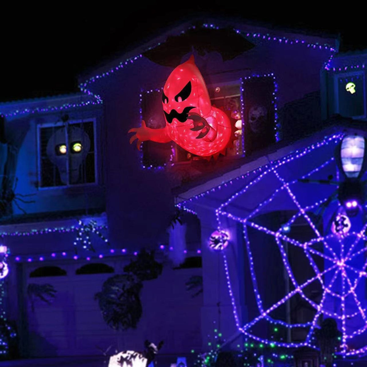 Fantôme Gonflable Géant Halloween – 1,4 x 1,4 m, LED Flamme Rouge, Décoration Fenêtre & Jardin Extérieur