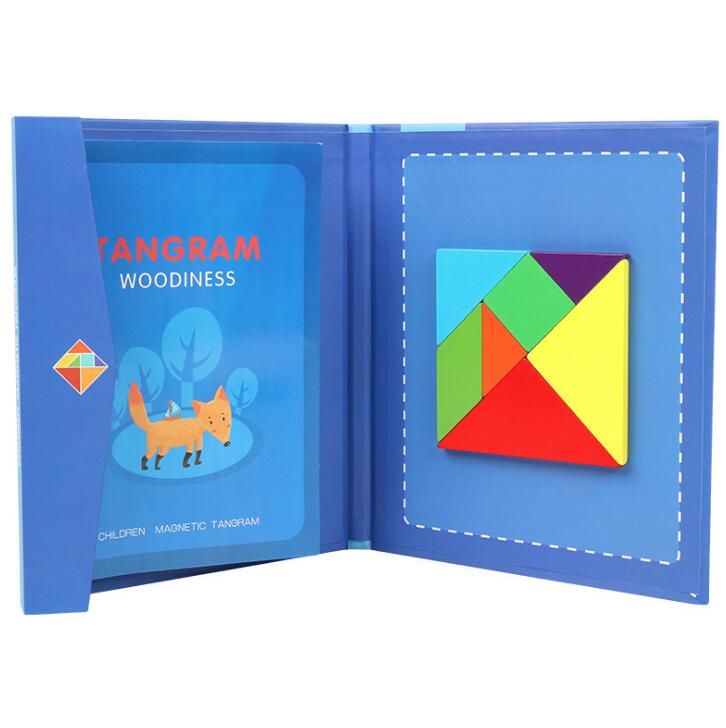 Tangram Magnétique avec Livre de Modèles – Puzzle Bois Portable, Éveil Préscolaire, Logique & Géométrie, Dès 3 Ans, Cadeau Enfant