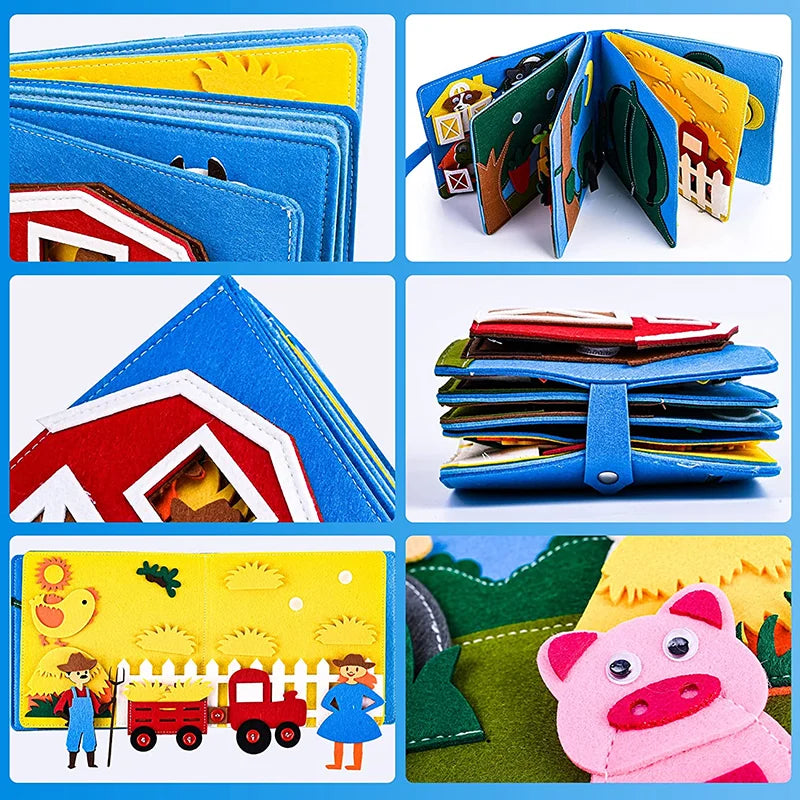 Livre Sensoriel en Feutrine Montessori – Busy Book Activités, Thème Lettres ou Ferme Animaux, Éveil & Storytelling, Cadeau Bébé Enfant