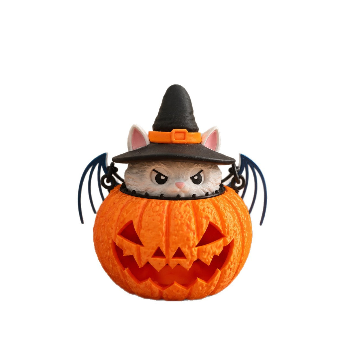 Lampe LED Halloween Citrouille & Chat – Impression 3D PLA 21 cm, Veilleuse Déco Bureau Ambiance Fête, Orange
