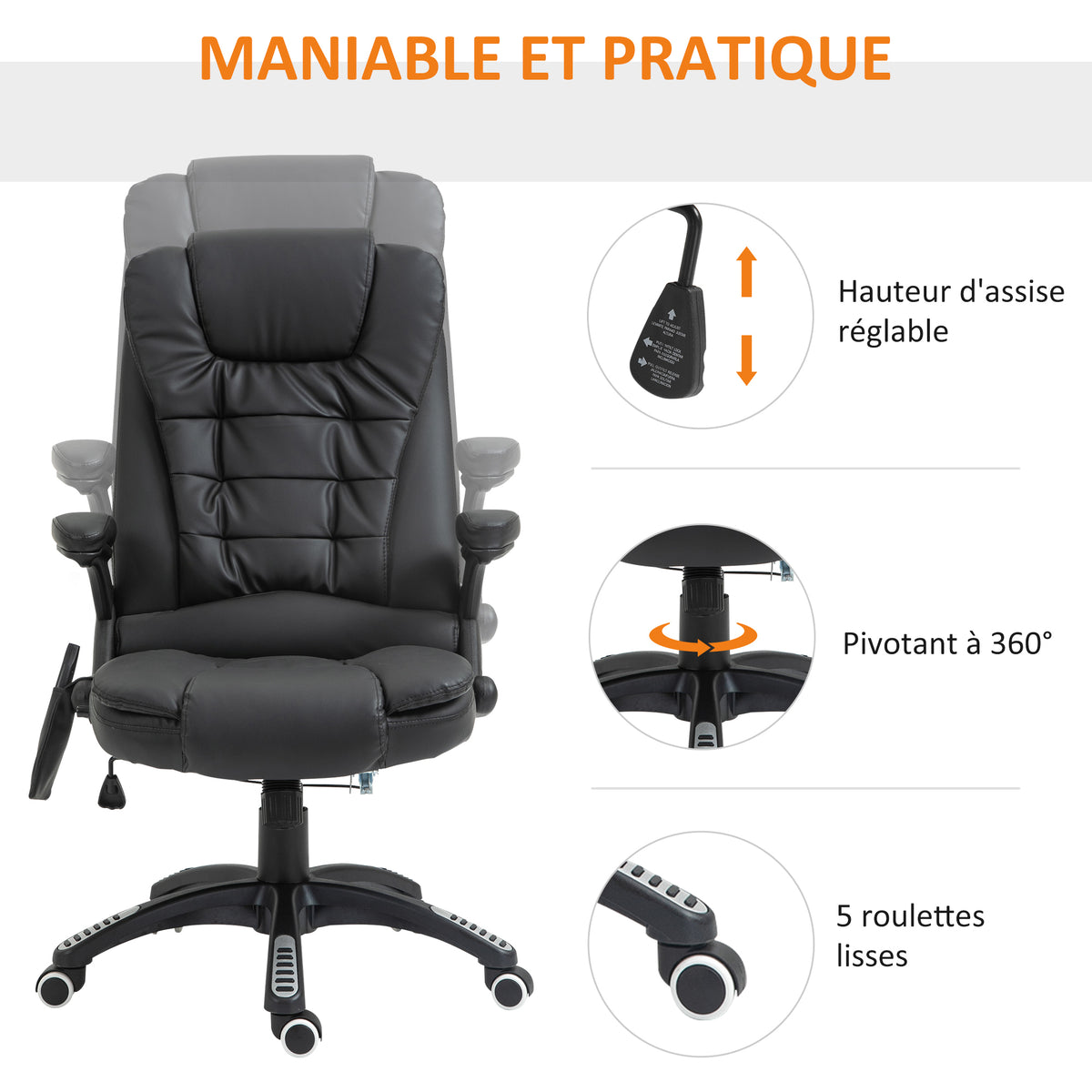Fauteuil de Bureau Massant & Chauffant 6 Points – Ergonomique, Hauteur Réglable, Revêtement Synthétique, Noir, 120kg Max