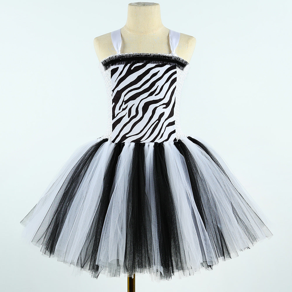 Robe Princesse Zèbre Enfant – Déguisement Tulle Halloween & Fête Forêt, Tailles S à XL (2-8 ans)