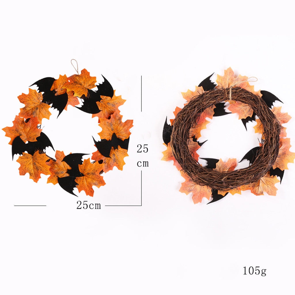 Couronne Décorative Halloween – Chauve-Souris & Feuilles d’Érable, Rotin & Tissu, 25x25 cm, Suspension Porte ou Fenêtre