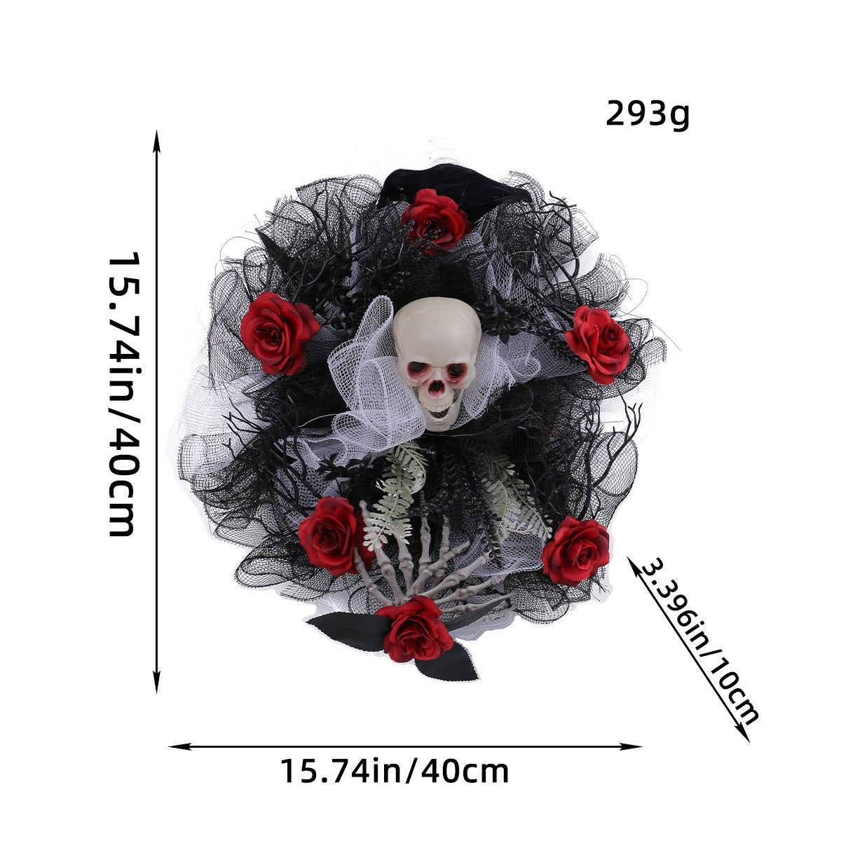 Couronne de Porte Halloween Roses Rouges & Crâne – Guirlande Filet Déco Porte Bar Soirée Horreur, Style Gothique