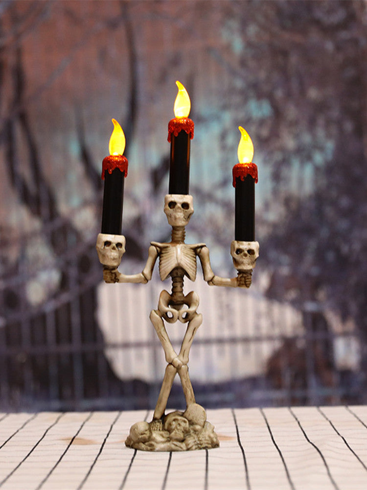 Bougeoir Squelette Halloween avec Bougie LED – Lanterne Citrouille Crâne Déco, 3 Coloris : Doré, Argent, Rouge