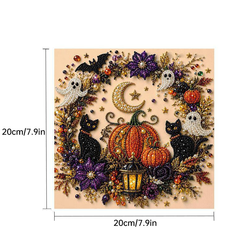 Kit Peinture Diamant Halloween – Tableau DIY 20x20cm, 5 Motifs (Citrouille, Crâne, Sorcière…), Décoration Murale