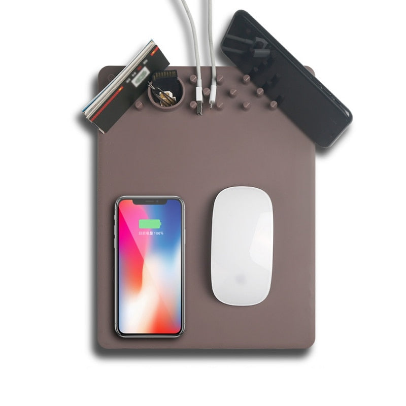 Tapis de Souris avec Chargeur Sans Fil Qi – Support Téléphone, Règle Graduée, Antidérapant, 27x20cm, Compatible iPhone Samsung