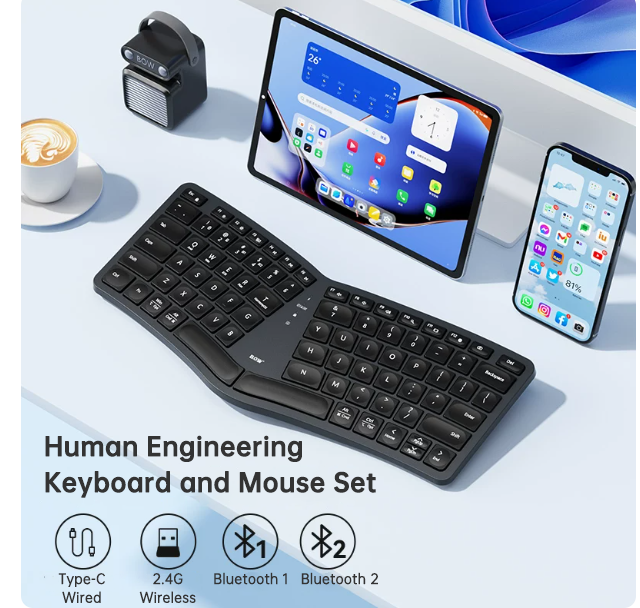 Clavier Ergonomique Sans Fil Bluetooth & USB – Design Épuré, Compatible PC Mac Tablette, 3 Coloris Doré Argenté Noir