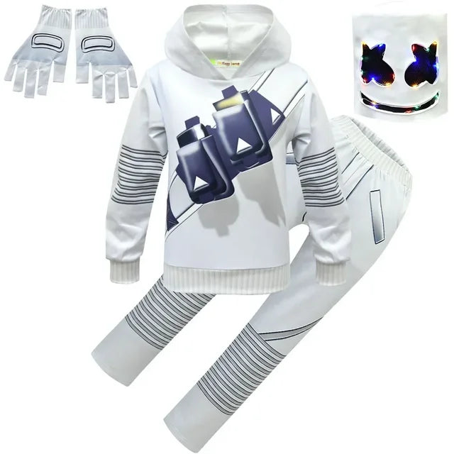 Costume DJ Marshmello Enfant – Combinaison Cosplay Halloween & Carnaval, Style Fortnite, 5–10 ans