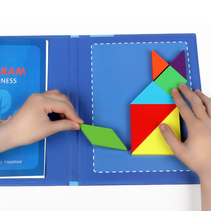 Tangram Magnétique avec Livre de Modèles – Puzzle Bois Portable, Éveil Préscolaire, Logique & Géométrie, Dès 3 Ans, Cadeau Enfant