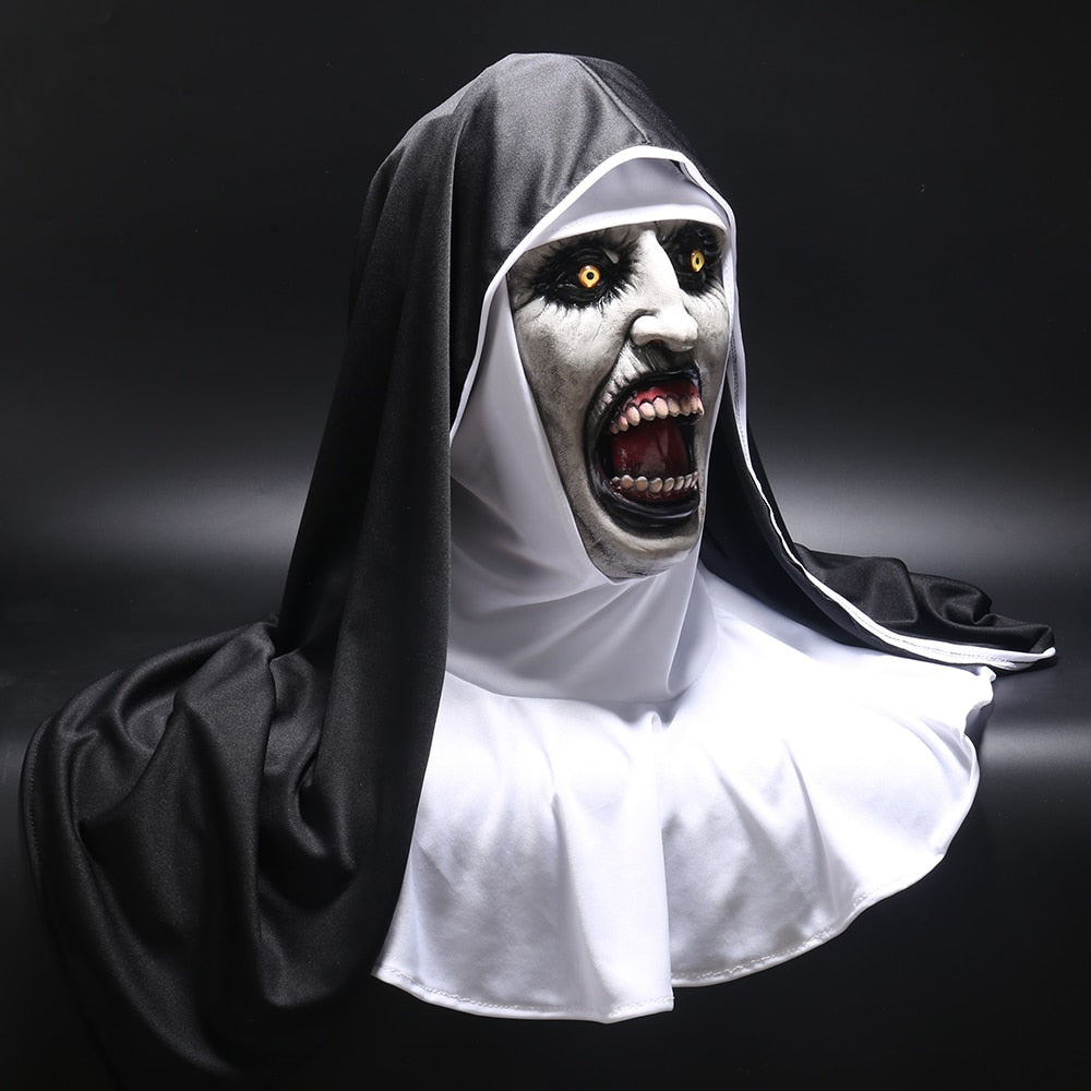 Masque La Nonne Valak Latex – Déguisement Horreur Halloween Cosplay, Masque + Foulard Voile Inclus, Taille Universelle