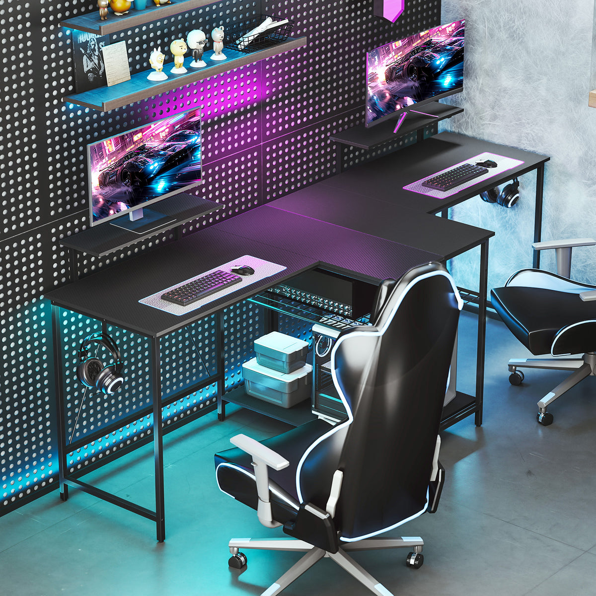 Bureau Gaming en L Réversible – Support Écran Intégré, Étagère Maille 3 Niveaux, 114.5x82x91.5cm, Acier & MDF, Noir