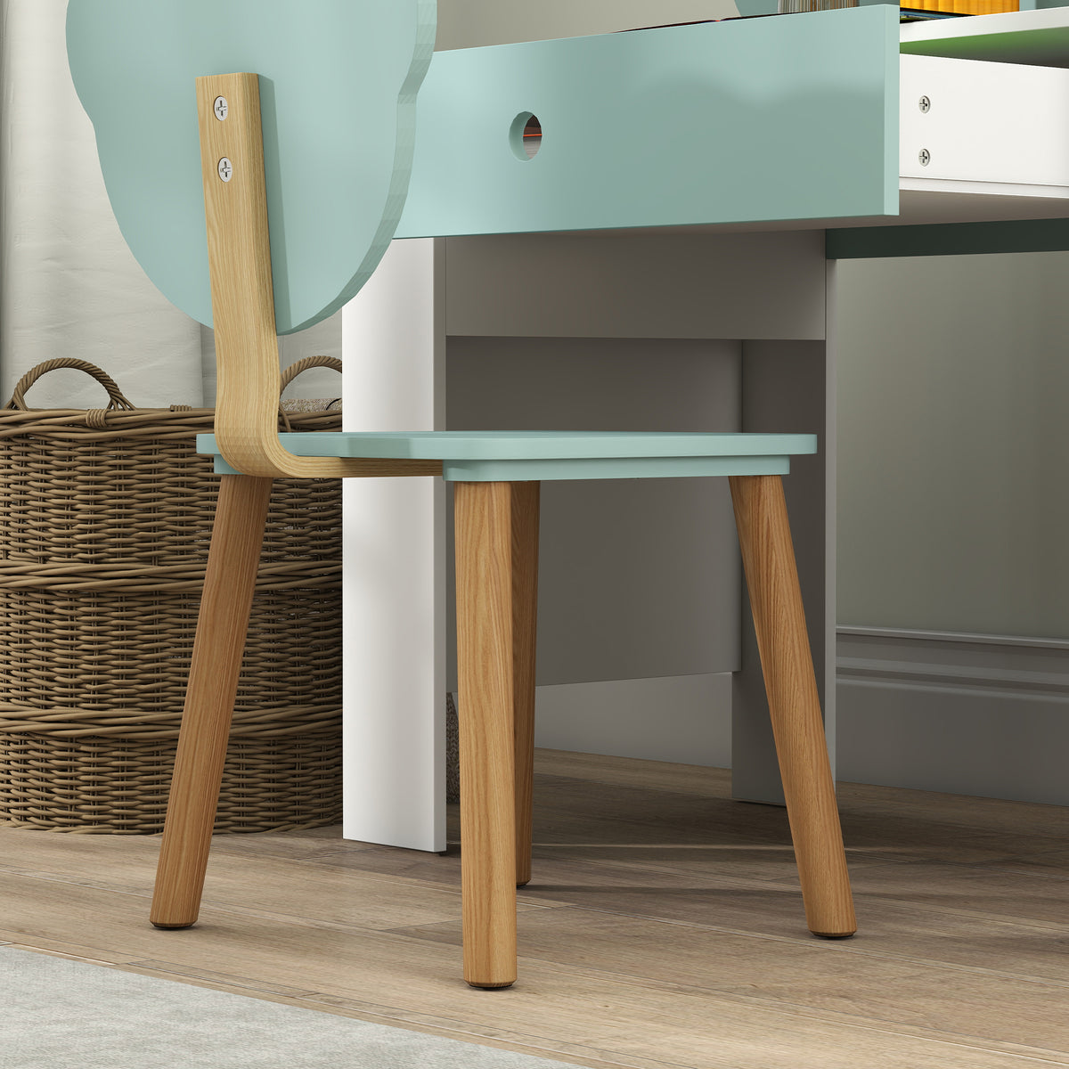 Ensemble Bureau & Chaise Enfant Vert – Dossier Ours Ludique, Tiroir, Plateau 80cm, MDF & Pin, 3-8 Ans, Norme EN71