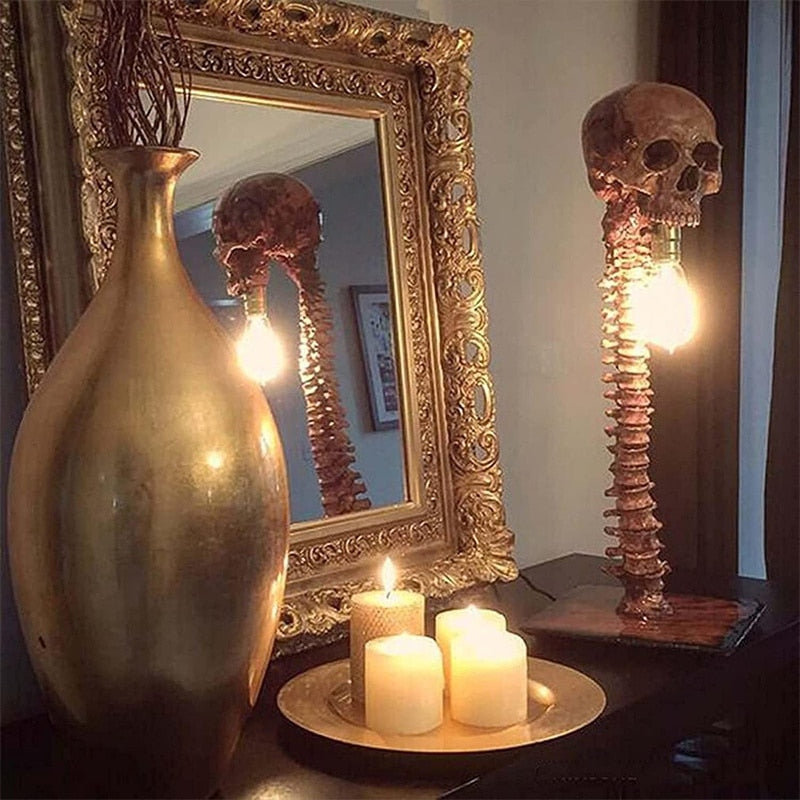 Lampe Crâne Squelette 3D Halloween – Statue Résine Peinte Main, Pied Colonne Vertébrale, Déco Bureau & Chambre