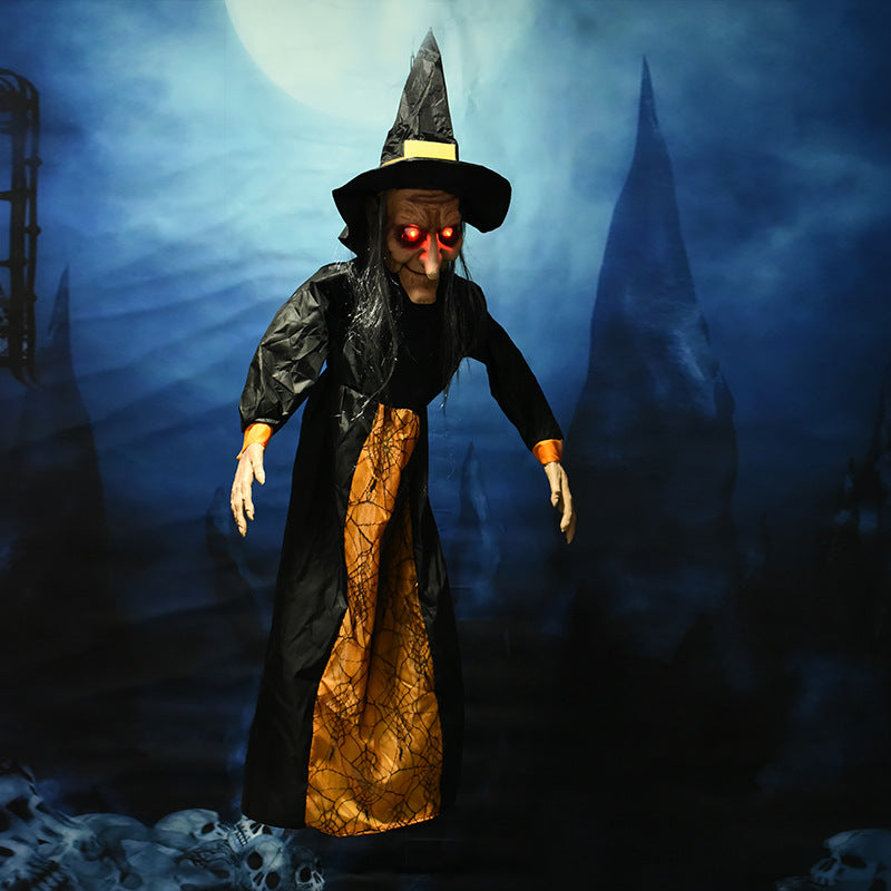 Sorcière Suspendue Animatronique Halloween 123 cm – Contrôle Vocal & Tactile, Yeux Lumineux, Parle & Dents Claquent