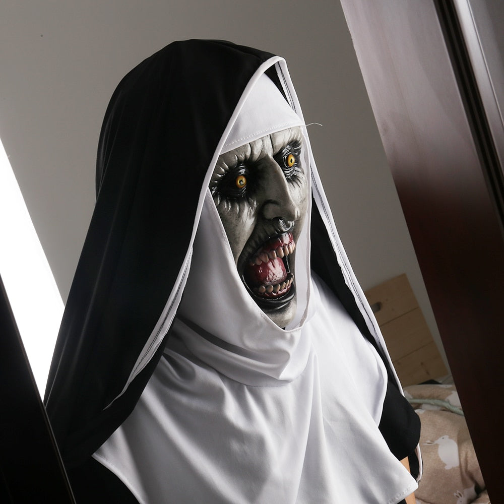 Masque La Nonne Valak Latex – Déguisement Horreur Halloween Cosplay, Masque + Foulard Voile Inclus, Taille Universelle