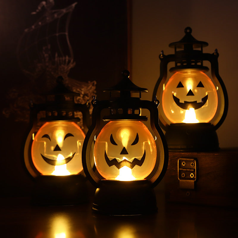Lanterne Portable LED Halloween Rétro Style Kérosène – 9x6,5x13 cm, 3 Designs Citrouille & Emoji, Piles Incluses