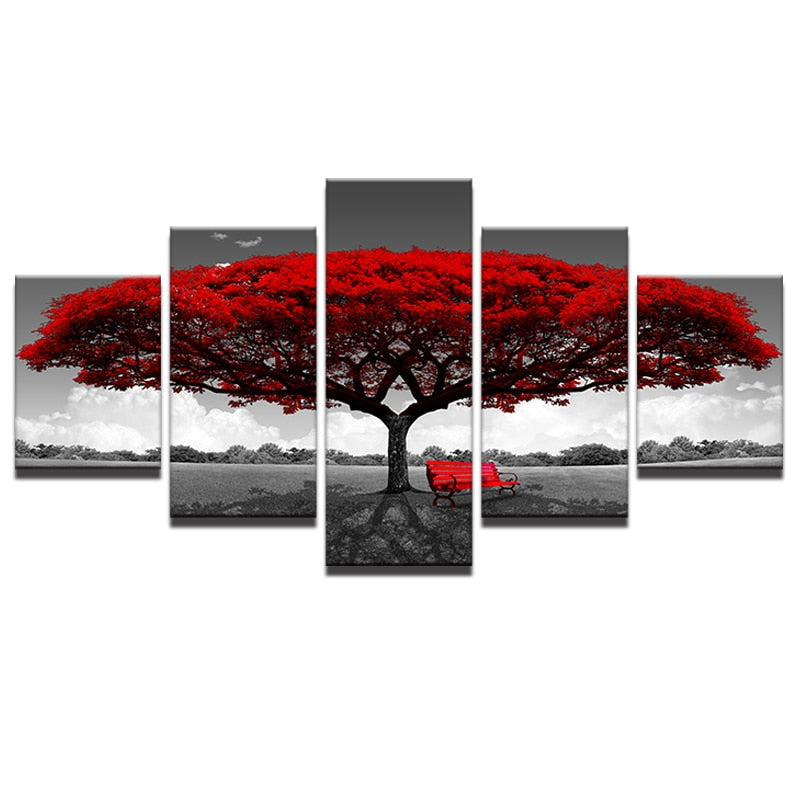 Tableau 5 Panneaux Canvas HD – Paysage Arbre Rouge, Décoration Murale Moderne Salon, Sans Cadre