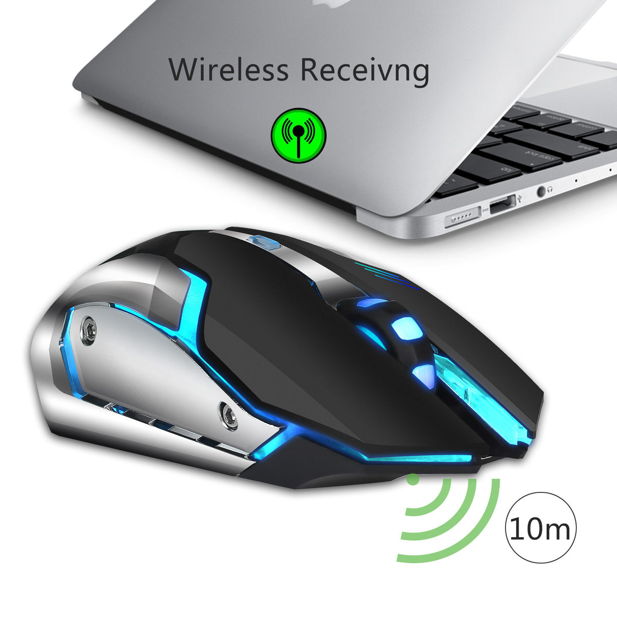 Souris Gaming Sans Fil Rechargeable 2,4 GHz – RGB 7 Couleurs, 6 Boutons, DPI 2400, Batterie 600 mAh, Silencieuse, PC & Mac